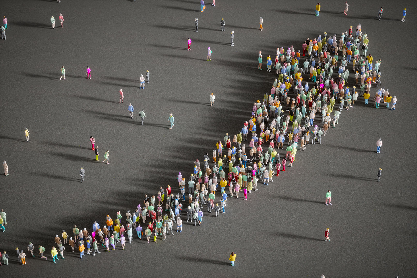Large group of people forming an arrow